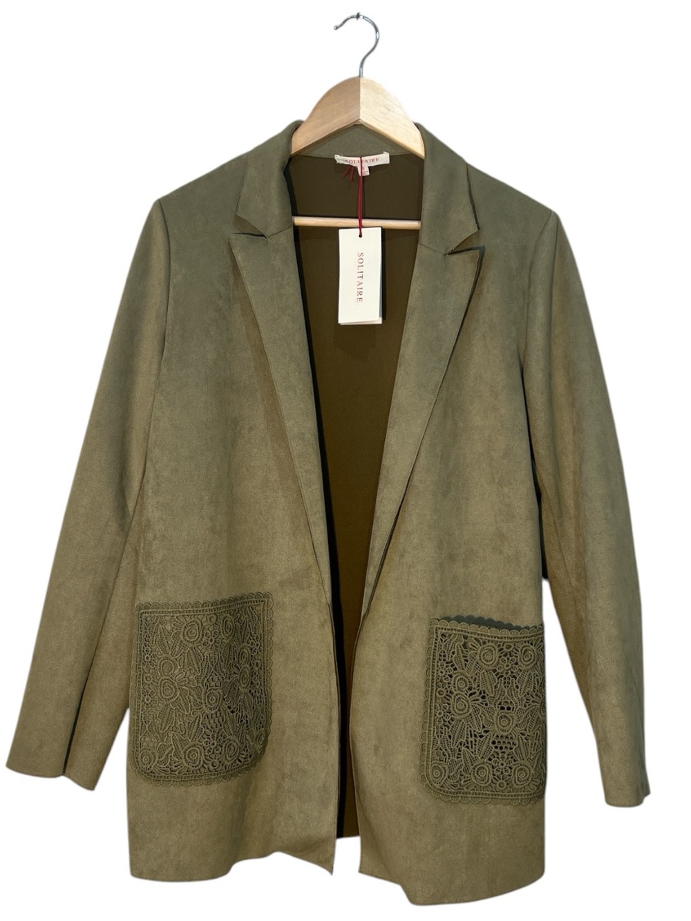 Solitaire Faux Suede Blazer Jacket Lace Pocket Detail Open Front Size S NWT